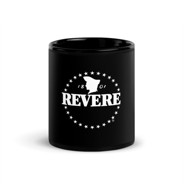 black glossy coffee mug with white Revere logo front view