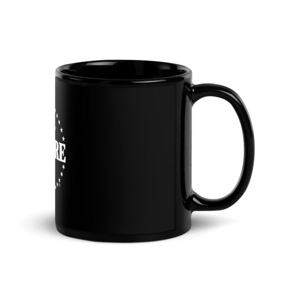 black glossy coffee mug with white Revere logo side view