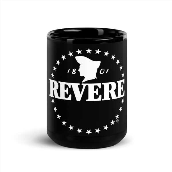 black glossy coffee mug with white Revere logo front view