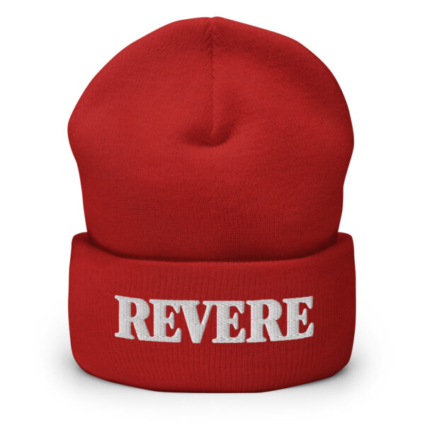 Red beanie with Revere embroidered graphic