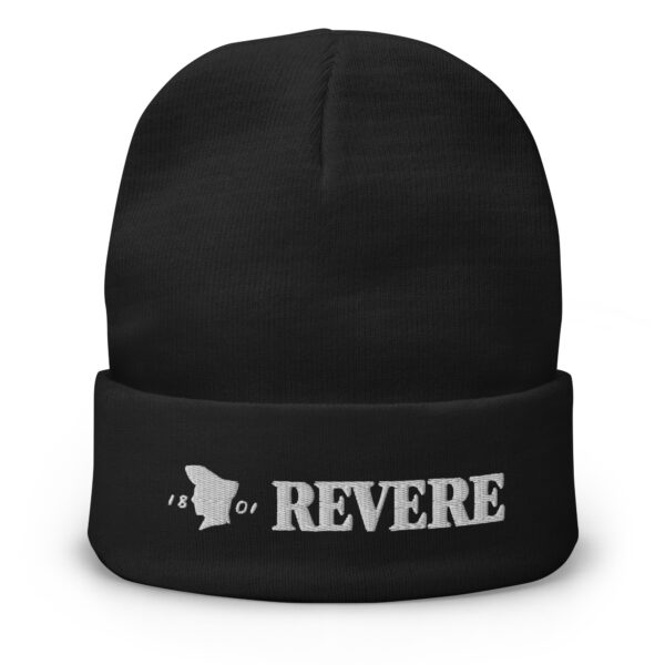 black beanie with Revere 1801 embroidered graphic
