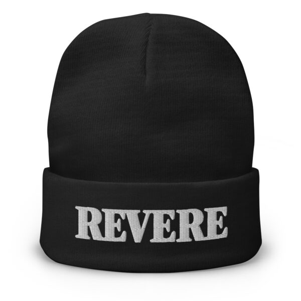 black beanie with Revere embroidered graphic