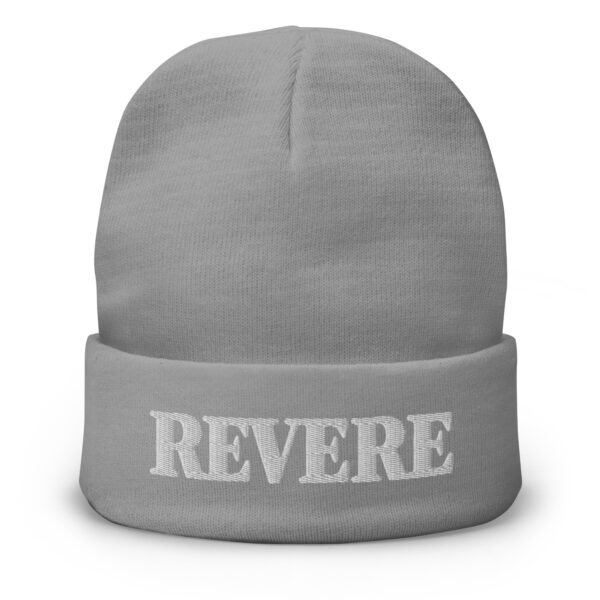 light Grey beanie with Revere embroidered graphic