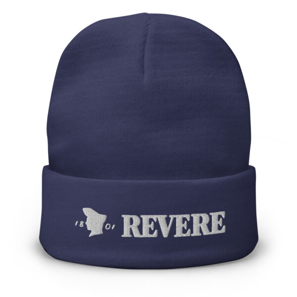 Blue beanie with Revere 1801 embroidered graphic