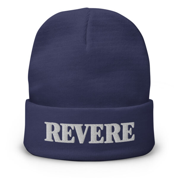 blue beanie with Revere embroidered graphic