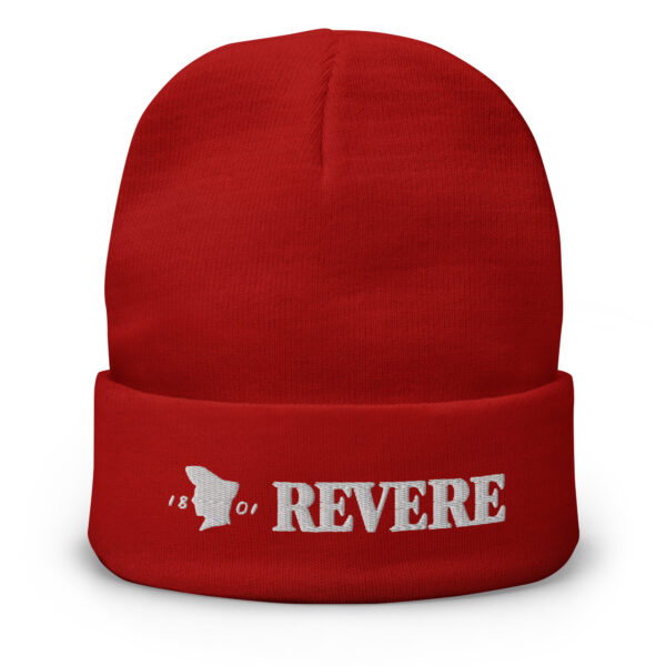 Red beanie with Revere 1801 embroidered graphic