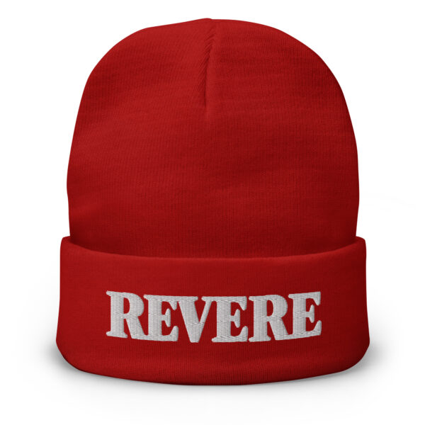 red beanie with Revere embroidered graphic