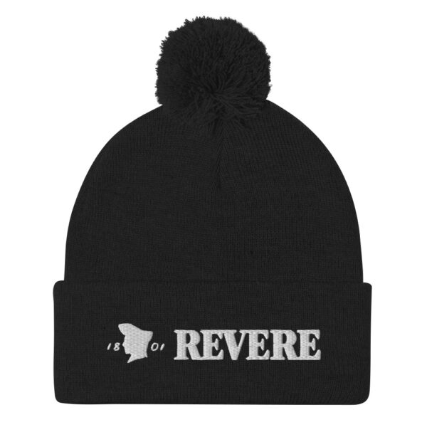 Black pom pom hat with Revere 1801 embroidered graphic