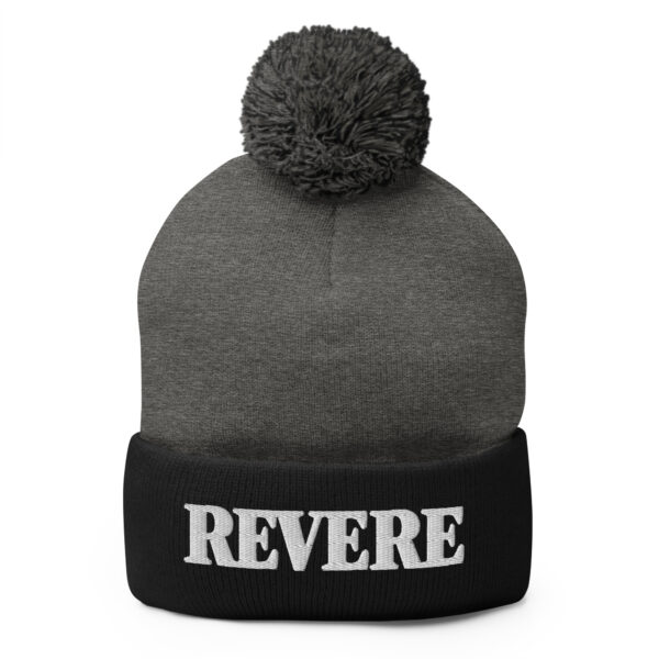 Grey and Black pom pom hat with Revere embroidered graphic