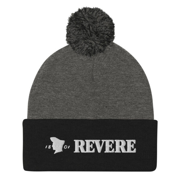 Grey and black pom pom hat with Revere 1801 embroidered graphic