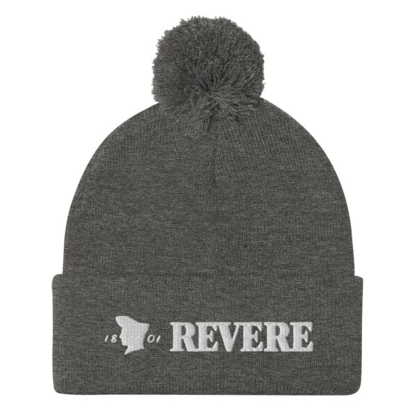 Grey pom pom hat with Revere 1801 embroidered graphic