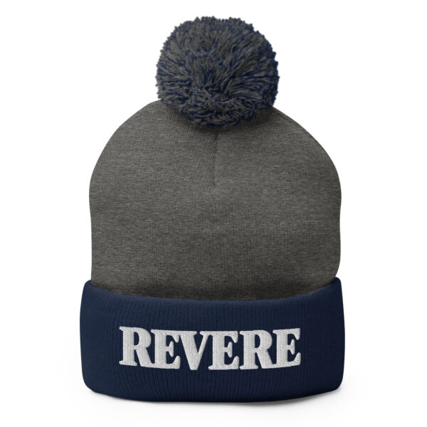 Navy and Grey pom pom hat with Revere embroidered graphic