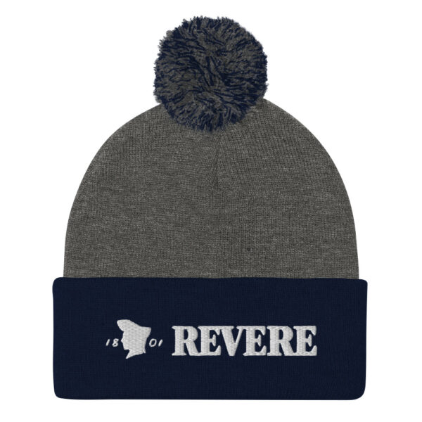 Navy & Grey pom pom hat with Revere 1801 embroidered graphic