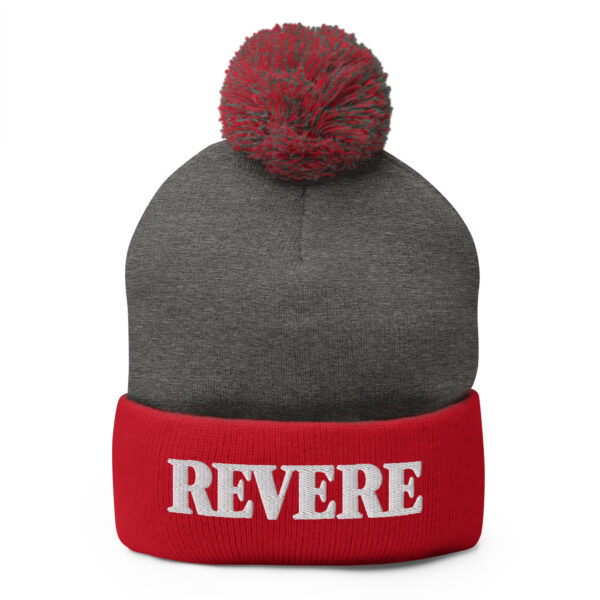 Red and Grey pom pom hat with Revere embroidered graphic