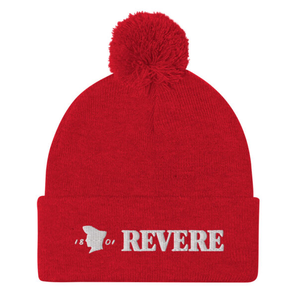 Red pom pom hat with Revere 1801 embroidered graphic