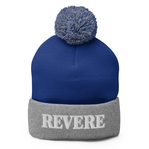 Blue and Grey pom pom hat with Revere embroidered graphic
