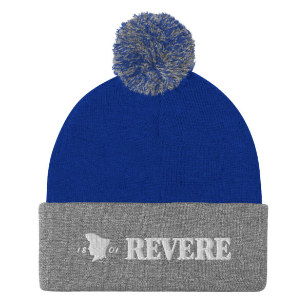 Blue and Grey pom pom hat with Revere 1801 embroidered graphic