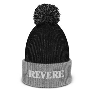 black and Grey pom pom hat with Revere embroidered graphic