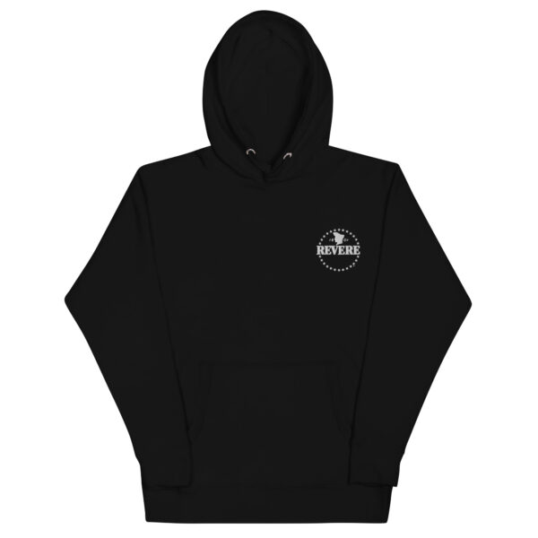 black hoodie with white Revere logo