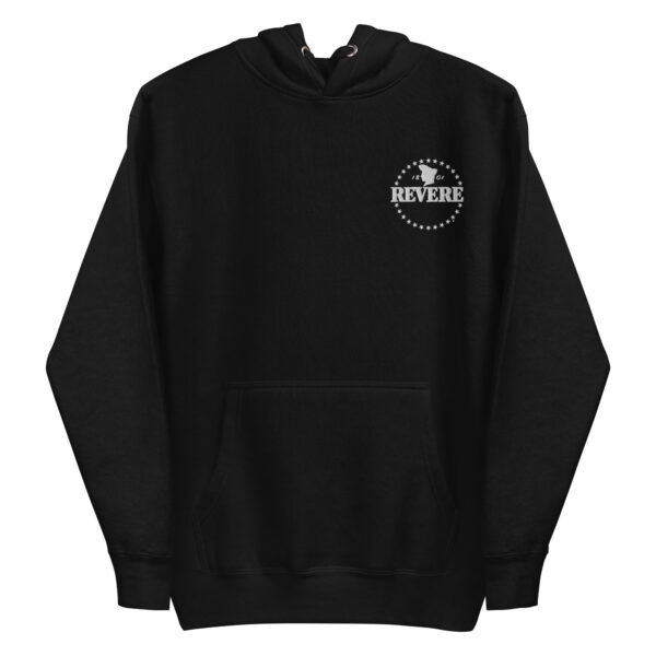 black hoodie with white Revere logo