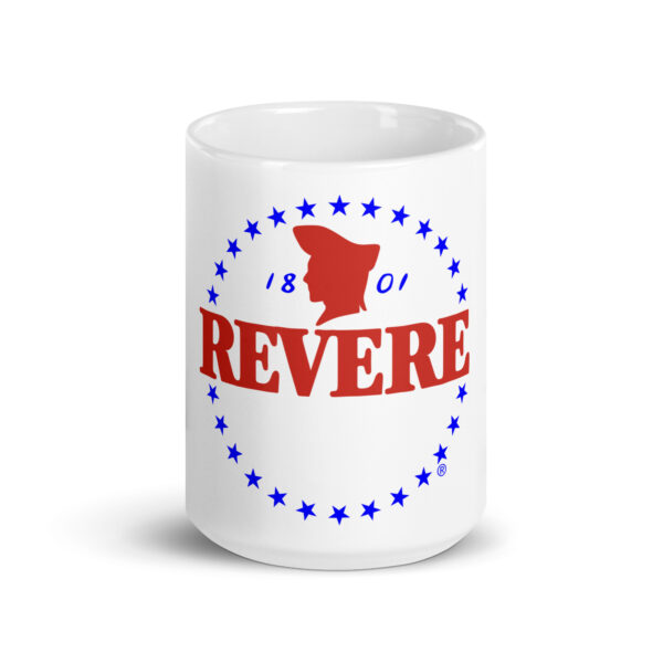 white glossy coffee mug with color Revere logo front view