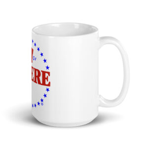 white glossy coffee mug with color Revere logo side view