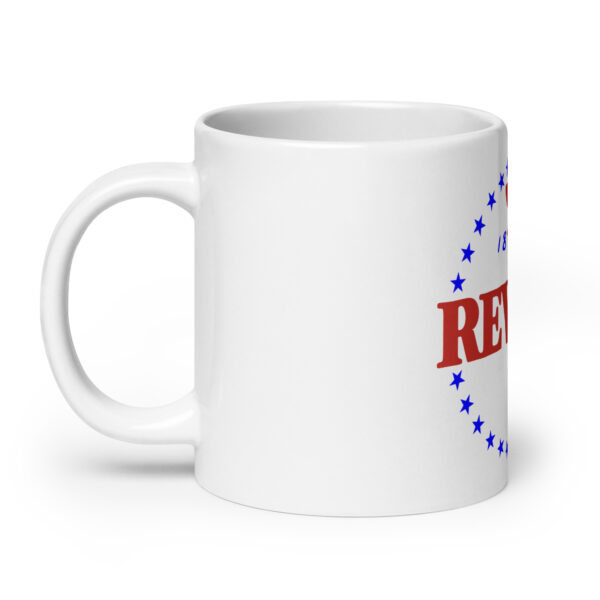 white glossy coffee mug with color Revere logo side view