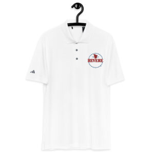 white polo shirt with Red and blue Revere embroidered logo