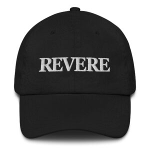 black baseball cap with white Revere embroidered logo