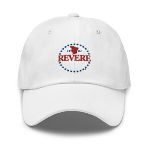 white baseball cap with red and blue embroidered Revere logo photo