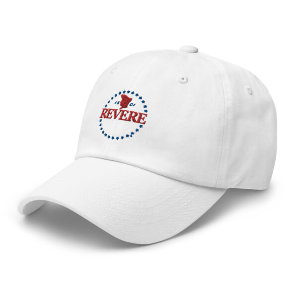 white baseball cap with red and blue embroidered Revere logo photo