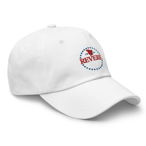 white baseball cap with red and blue embroidered Revere logo photo