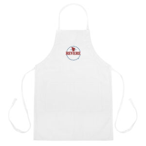 white apron with blue and red Revere logo