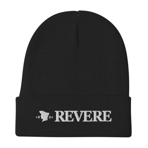 black knitted beanie with white embroidered Revere Logo