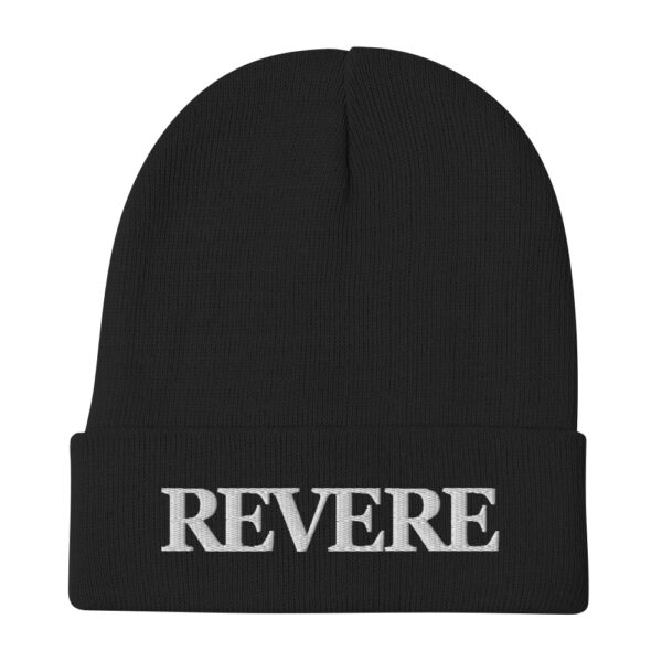 Black knitted beanie with white embroidered Revere Logo