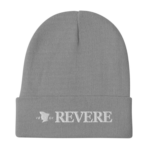 grey knitted beanie with white embroidered Revere Logo