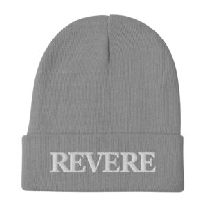 grey knitted beanie with white embroidered Revere Logo