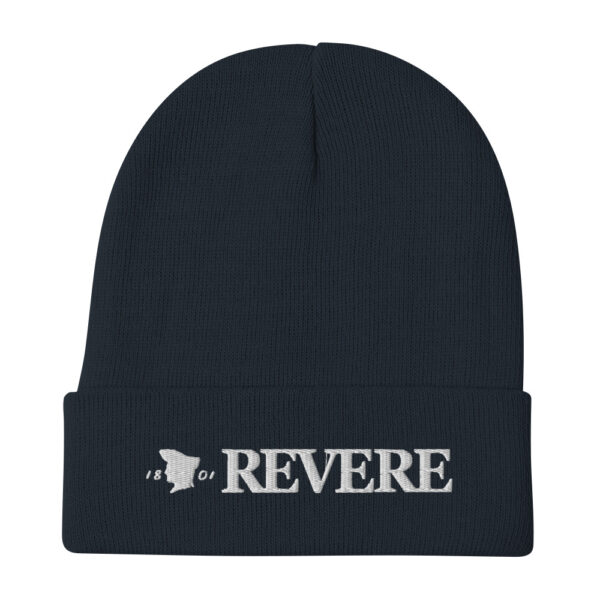 navy knitted beanie with white embroidered Revere Logo