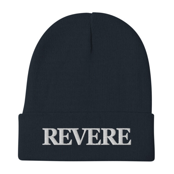 Navy knitted beanie with white embroidered Revere Logo