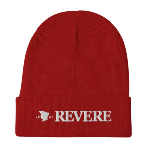 Red knitted beanie with white embroidered Revere Logo