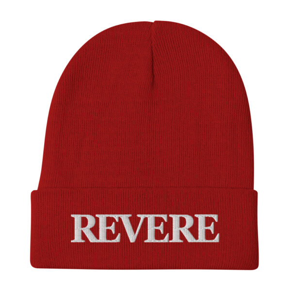 Red knitted beanie with white embroidered Revere Logo