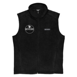 black fleece vest with white embroidered Revere logo