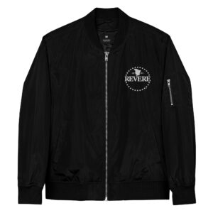 black bomber jacket with white embroidered Revere logo