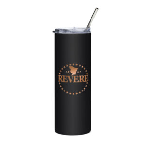 black stainless steel tumbler with Copper Revere logo