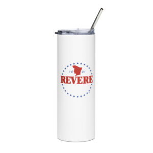 white stainless steel tumbler with red and blue Revere Logo