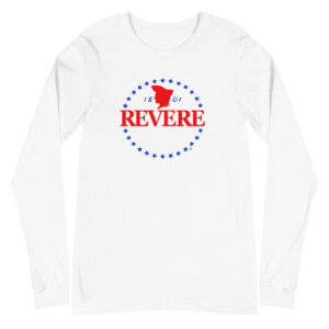 white long sleeve tshirt with red and blue Revere logo