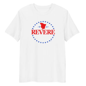 white tshirt with red and blue Revere logo