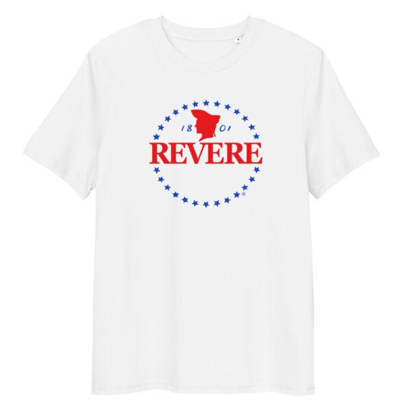 white tshirt with red and blue Revere logo