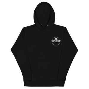 black hoodie with white embroidered Revere logo