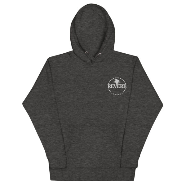 Grey hoodie with white embroidered Revere logo